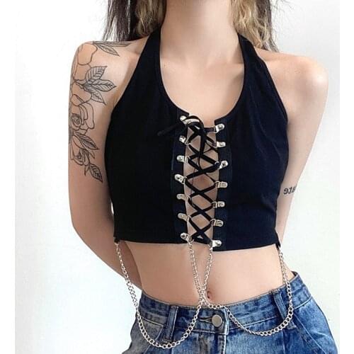 Punk Lady Cool Lace-up Halter Chain Black Short-length Backless Hipster Camisole Top Dark Gothic Women Hollow Out Camis 2021
