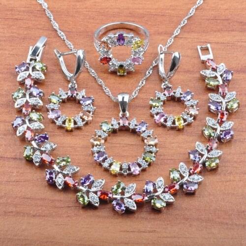 Top Quality Round Crystal Bridal Wedding Jewelry Sets For Women Gift Silver Color Colorful Cubic Zirconia Jewellry JS0413