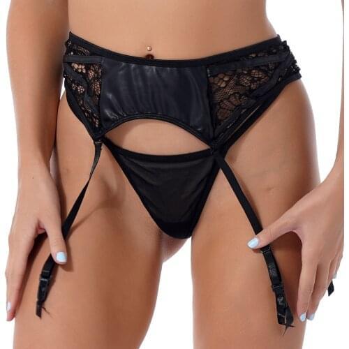 Plus Size Faux Leather Sexy Lingerie Women Two-Piece Underwear Set Lace Patchwork Adjustable Garters with Low Waist G-string New