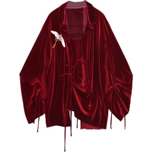 2019 Japanese Fashion Wine Velvet Yukata Women Embroidery Red-Crowned Crane Kimonos Bathrobe Female Costume Geisha Haori TA1233