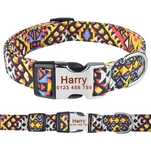 AiruiDog Durable Nylon Personalized Dog Collar Floral Custom Engraved Puppy Dog Name S-L