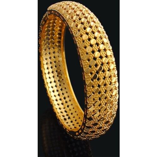 Dubai Bangles 15mm Wide Hollow Jewelry Yellow Gold Filled Womens Bracelet Classic Style Gift