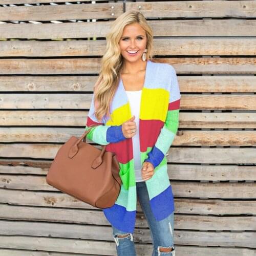 Long Cardigan Shawl Sweater Womens Rainbow Solid Color Striped Jacket Bat Sleeve Knit Long Sleeve Sweater Jacket Women