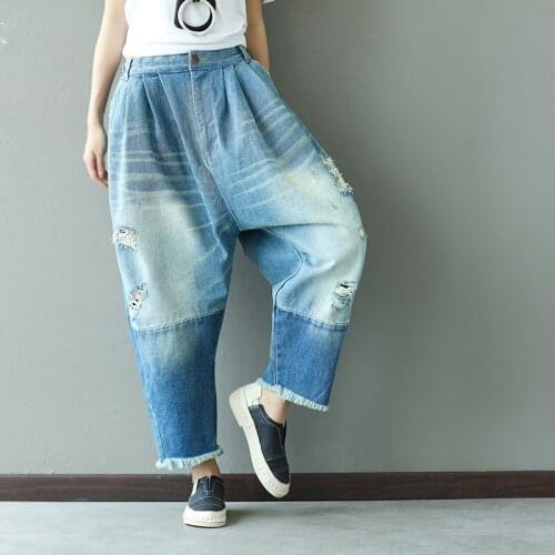 New personality patchwork denim women jeans vintage hole washed wide leg plus size loose pants elastic waist fashion trousers