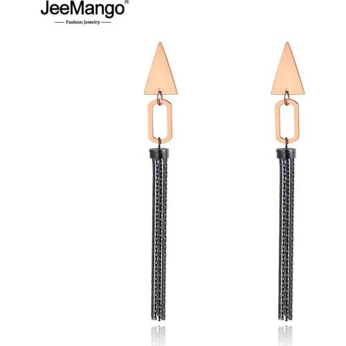 JeeMango Bohemia Titanium Steel Geometric Tassel Earrings Jewelry OL Style Black/Rose Gold Dangle Earrings For Women JE19088