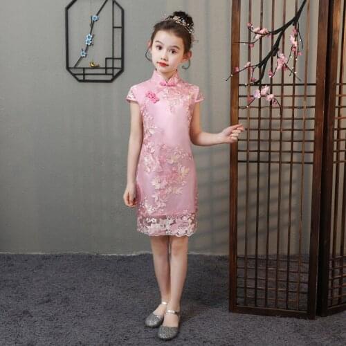 Chinese qipao kids Summer Lace cheongsam Dress Princess Girls Flower Embroidery Dresses Kids Party Ball Gown vestido oriental