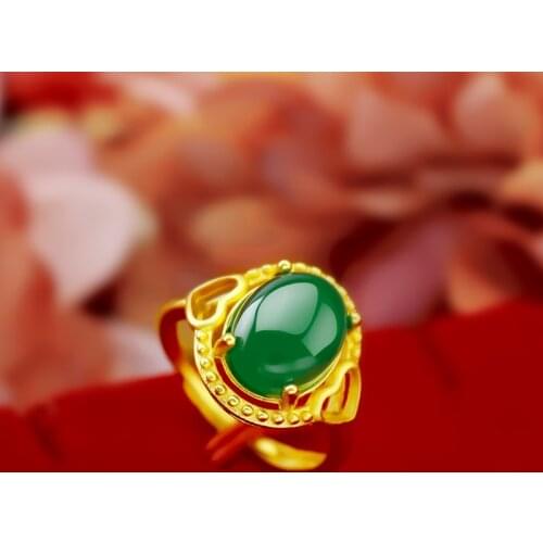 FASHION 14K GOLD RING FOR WOMEN MEN GREEN EMERALD RINGS STONE JEWLERY CHALCEDONY ADJUSTABLE COUPLE RINGS JADE GEMSTONE GIFTS