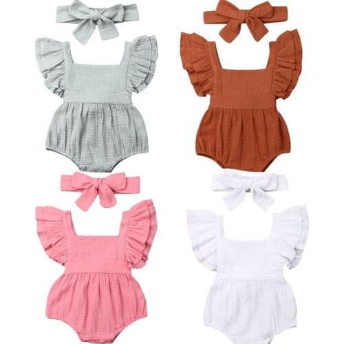 0-24M Baby Clothes Girl Solid Ruffle Romper Girls Jumpsuit Toddler Headband Newbron 2Pcs Set Kid Outfits Summer Clothing