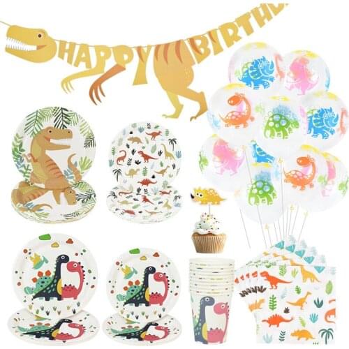 Dinosaur Theme Party Tableware Sets Disposable Paper Plate Cups For Baby Kids Birthday Party Decor Supplies Dino Latex Balloons