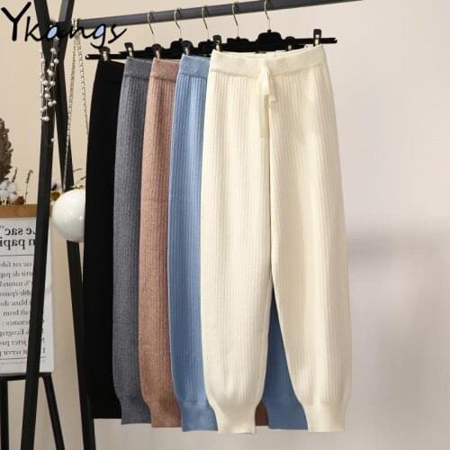 Autumn Knitted Drawstring Womens Pants Elastic High Waist Leisure Harem Pants Solid Color Casual Winter Warm Joggers Trousers
