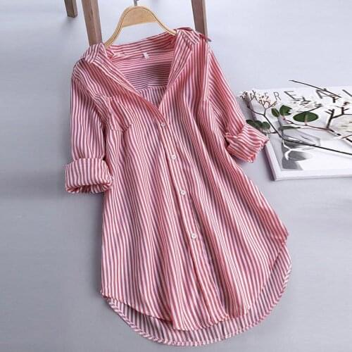 Stripe Print Shirts Women Summer Long Sleeve Turn-down Shirt For Woman Fashion Casual Button Loose Harajuku Blouse Tops #T2G