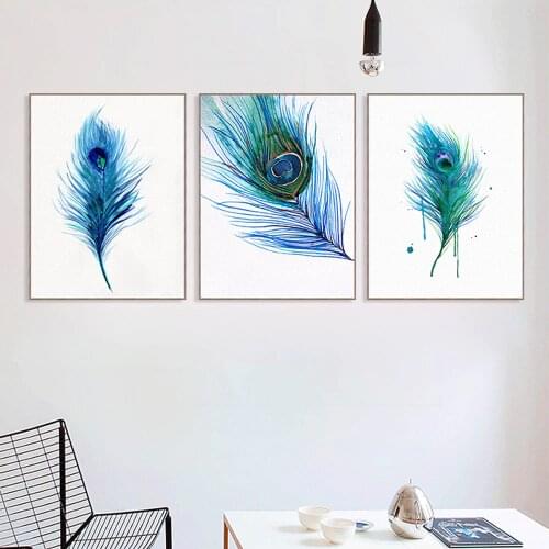 Modern Beautiful Blue Peacock Feather Poster Nordic Home Wall Art Print Canvas Painting Picture Decoration Can Be Customized