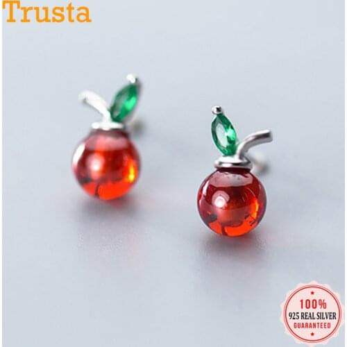 Trustdavis Genuine Fashion 925 Sterling Silver Red Garnet Green CZ Apple Stud Earring For Women Fine Jewelry Brincos DS2430