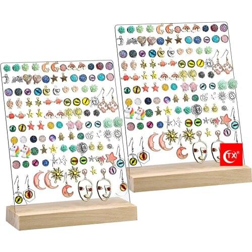 TX 1 Piece 120 Holes Acrylic Earrings Holders Clear Acrylic Earrings Display Pegboards with Wood Bases Ear Studs Display Stand