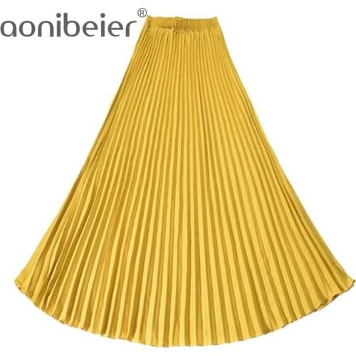 Aonibeier Spring Summer Women Long Skirt Sexy Fashion A-Line Pleated Skirt Elastic High Waist Skirts Womens Casual Maxi Skirt