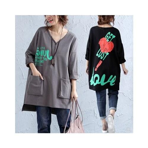2019 spring & autumn long sleeve v-neck long sleeve long style loose t-shirts female plus size tops