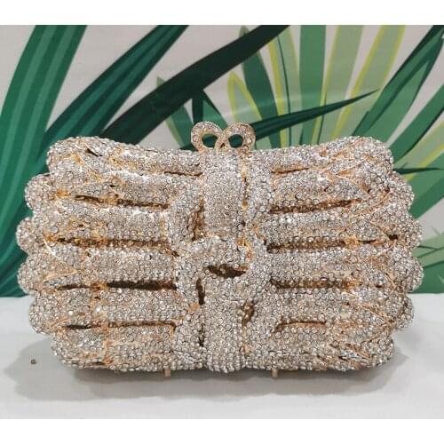 New Arrival Gold Metal White Diamond Ladies Evening Bag Women Phone Handbags Luxury Female Shoulder Chain Purse Money Bags