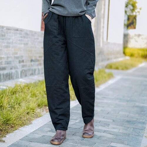 Women Autumn Winter Patchwork Elastic Waist Pants Ladies Vintage Spliced Retro Pants Female Cotton Linen Trousers 2019