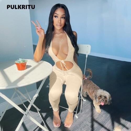 Pulkritu Women Cut Out Halter Neck Backless Sleeveless Jumpsuit Sexy Night Party Clubwear Romper One Piece Overall Outfits