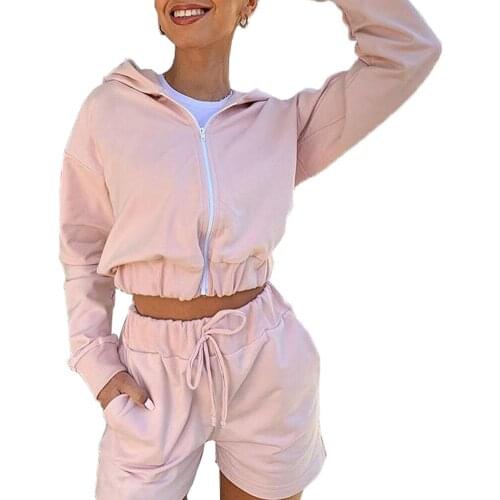 Women Long Sleeve Two PieceTracksuit Set Hooded Cardigan Coat +Shorts Hoodie Suit Women Clothing Suits Female