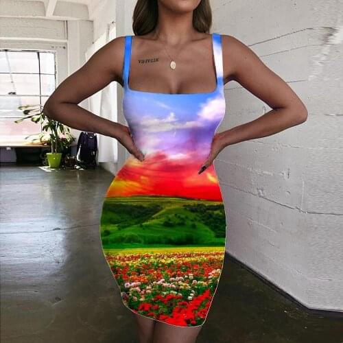 Giyu Flower Dresses Women Flowers Sundress Landscape Vestido Sexy Colorful 3d Print Womens Clothing Mini Evening New