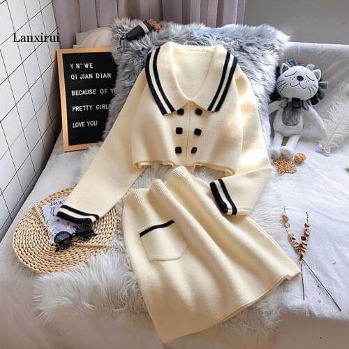 Spring autumn elegant 2020 New women two piece set Long sleeve sweater coat + mini skirt stripe casual skirt knitted suit