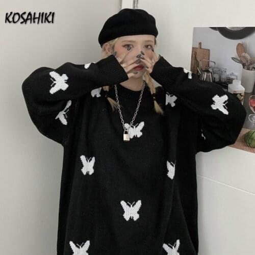 KOSAHIKI 2021 O Neck Harajuku Jacquard Woman Jumper Butterflies Black Tops Japanese Kawaii Causal Cartoon Pull Femme 11a007
