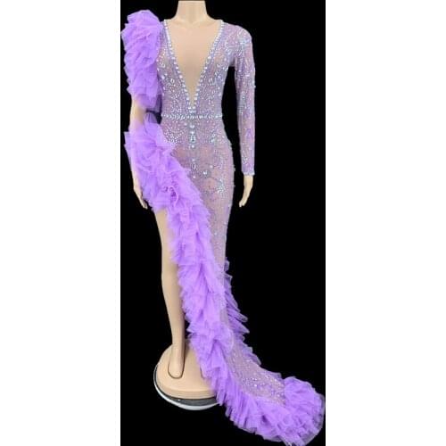 Sexy Silver Rhinestone Purple Mesh Transparent Long Dress Birthday Celebrate Evening High Split Dress Women Party Outfit