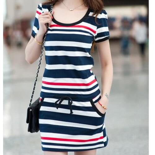 Womens summer new package hip dress striped short-sleeved dress female Korean Slim was thin large size dresses