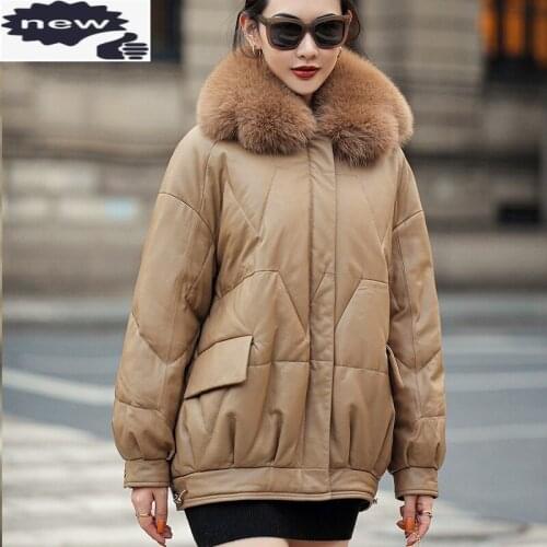 2021 New Fashion Women Winter Loose Down Coat Vintage Fox Fur Collar Office Ladies Thick Warm Windproof Genuine Leather Jacket