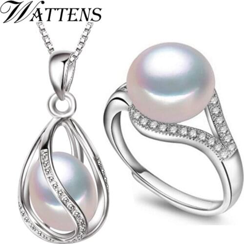 WATTENS accessories New Fashion natural freshwater pearl jewelry set , white pearl necklace pendant ring for women gift