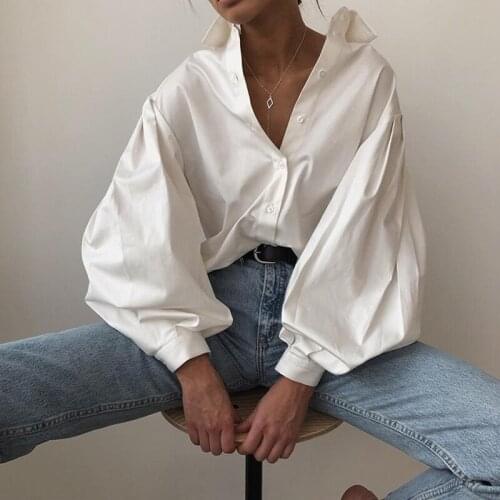 Office Ladies Elegant Solid Blouses Women Long Sleeve Turn-down Collar Loose Shirts Holiday Fashion Casual Lantern Sleeve Tops