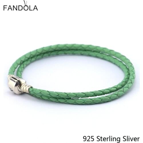 CKK 925 Sterling Silver Clasp Clip Green Chain Leather Bracelets Jewelry Making Fits For Beads And Charms