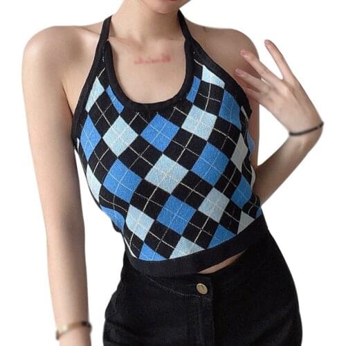 DAXIN Womens Plaid Halter Camisole Summer Korean Style Slim Sexy Exposure Navel Knitted Tank Top