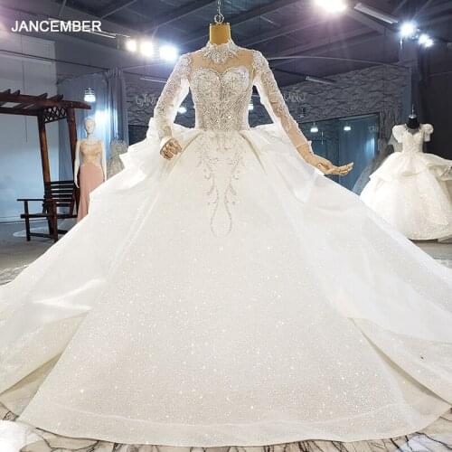 HTL2127 Full Sleeve Luxurious High Neck Crystal Sequined Appliques Wedding Dress 2021 For Woman Ball Gowns