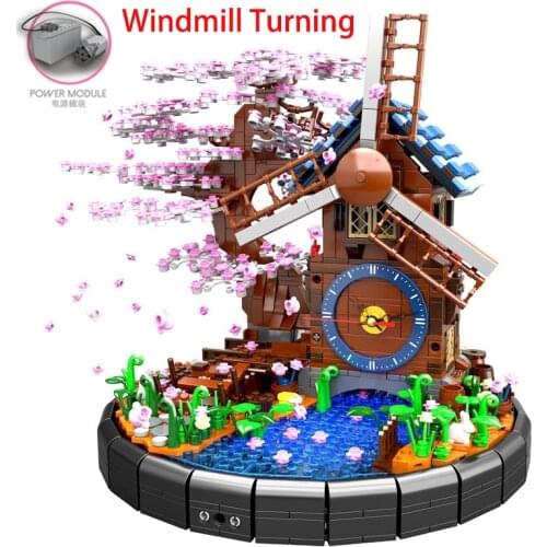 City ideas Japanese Sakura Tree House Electronic Clock Windmill Will Turn Model Building Blocks Home Accessories For Kids Toys