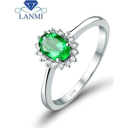 Natural Oval 4x6mm 18K White Gold Emerald Diamond Engagement Ring, Colombian Gemstone Jewelry For Women WU0128