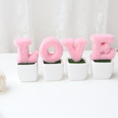 LOVE/set Bonsai Artificial Flower Letter Pink Set Ornaments Flocked Fake Flower Plant Potted Home Wedding Office Decorations