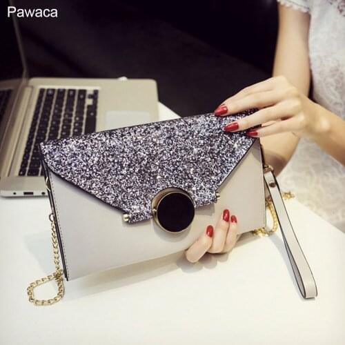Fashion PU Leather Day Clutch Paillette One Shoulder Cross-body Bag Large Capacity Envelope Clutch Chain Small Bags For Women