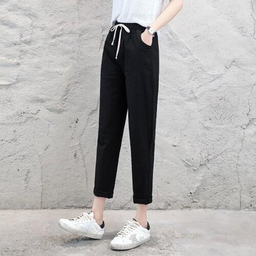 New Spring Summer Women Casual Nine Pants Women Harem Pants Elastic Waist Loose Cotton Linen Pants All-match Trousers