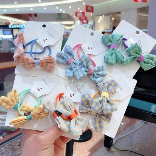 2PCS Set New Children Girl Plaid Cloth Bowknot Lovely Elastic Hair Hand Butterfly Hair Tie Fashion Accessories
