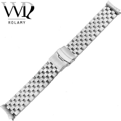 Rolamy 22mm Silver Hollow Curved End Solid Links Replacement Watch Band Strap Bracelet Double Push Clasp For Seiko