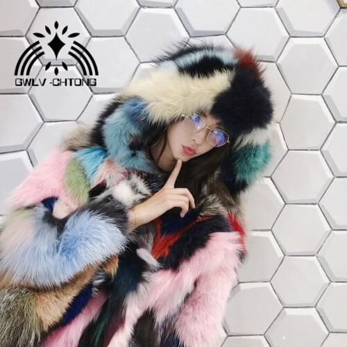 Real natural genuine fox fur coat with hood women fashion multi-color colorfull fur jacket ladies over coat outwear