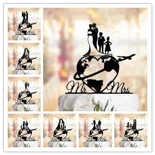 Travel Themed Family Style Wedding Cake Topper World Map Cake Topper Airplane Cake Topper Map Silhouette Acrylic