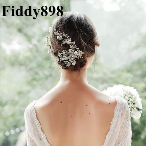 Vintage Gold Wedding Hair Clip Flower Plears Hair Comb Wedding Headwear Bridal Hair Accessories Hair Jewelry for Women Vine