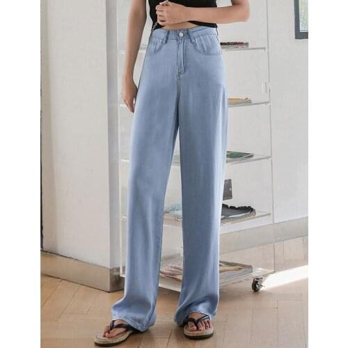 Women Clothing Tencel Denim Wide-leg Pants Female High-waisted Thin Drape Thin Summer Loose Ice Silk Straight Pants