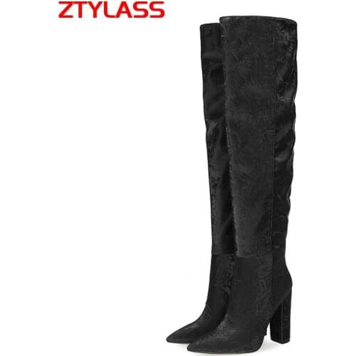 Big Size Women Boots 34-45 Fashion Slip On Silk Pointed Toe Knee High Boots Ladies Square High Heel Autumn Winter Thigh Boots