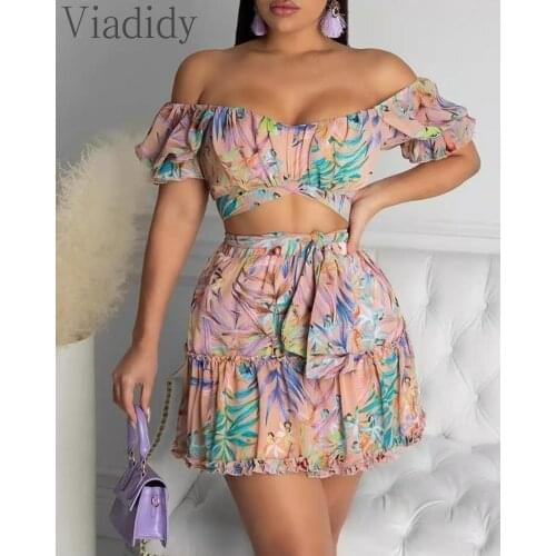 Women Slim One-shoulder Tops and Floral Print Skirt Two-piece Set