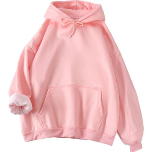 ZuoLunOuBa Autumn Winter Casual Clothes Women Hoodie Harajuku Solid Color Fleece Bright Pink Hoodies Female Keep Warm Coat 2021