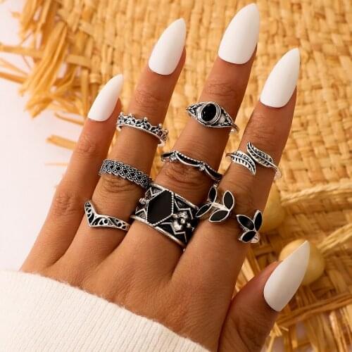 HuanTang 8pcs Vintage Opal Finger Knuckle Rings Set for Women Geometric Silver Color Leaves Crown Ring Female Jewelry Anillos